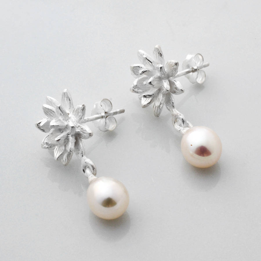 silver lily flower and pearl stud earrings by martha jackson sterling