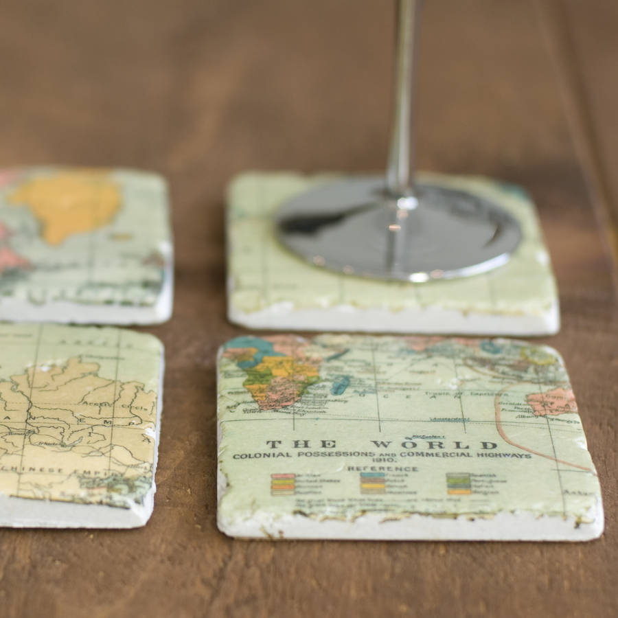 vintage world map ceramic coasters set of four by the orchard