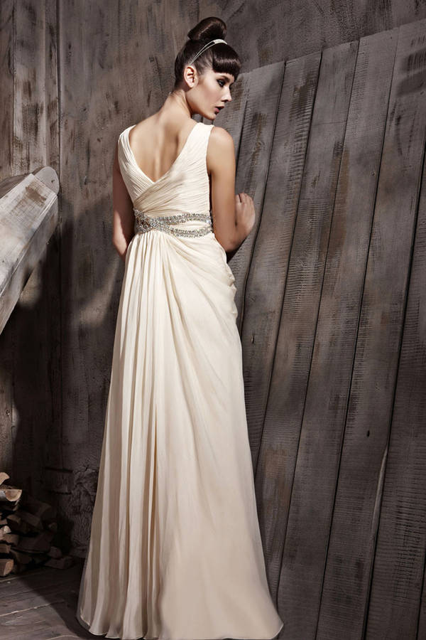 Beige Chiffon Wedding Dress With Jewelled Belt By Elliot Claire London 