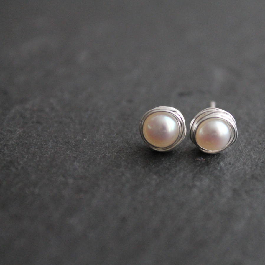silver wrapped pearl ear studs earrings by attic