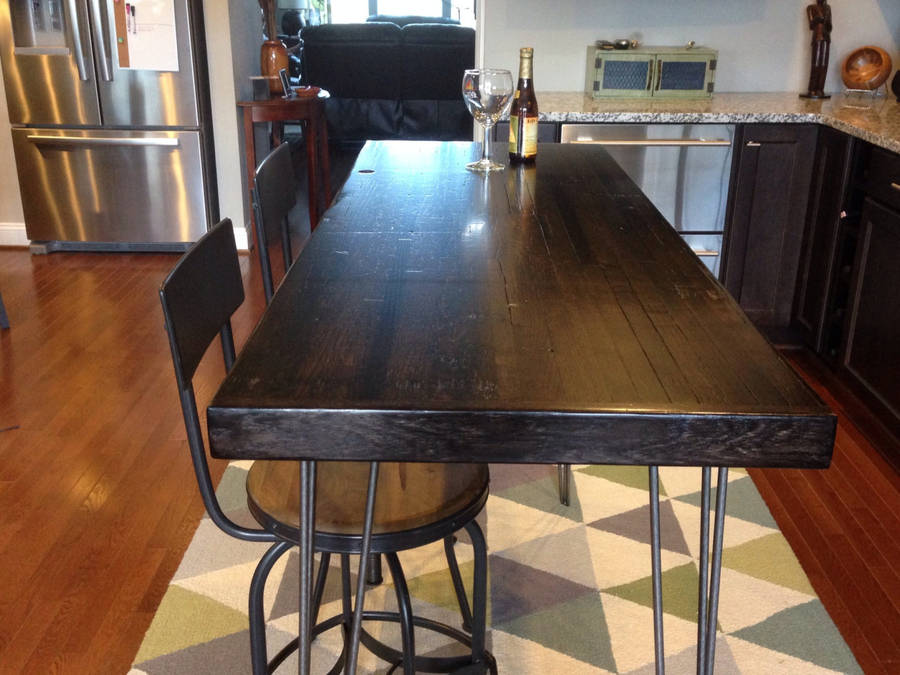 oak bar height table stained dark hairpin legs by wicked boxcar