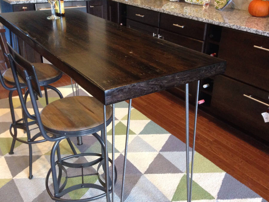 oak bar height table stained dark hairpin legs by wicked boxcar