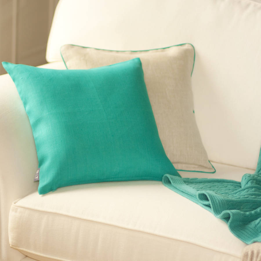 turquoise and oatmeal linen cushion cover by jodie byrne