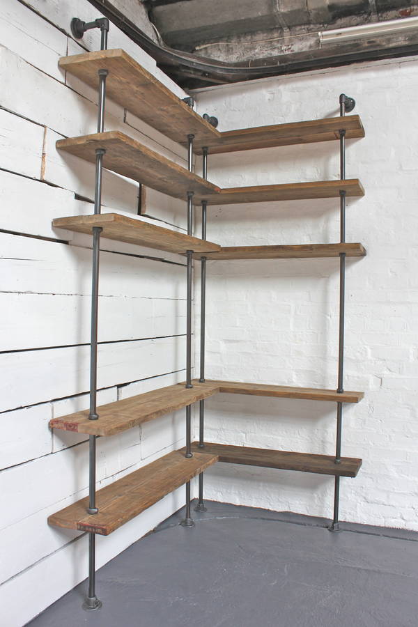 reclaimed scaffolding board corner shelving unit by urban grain