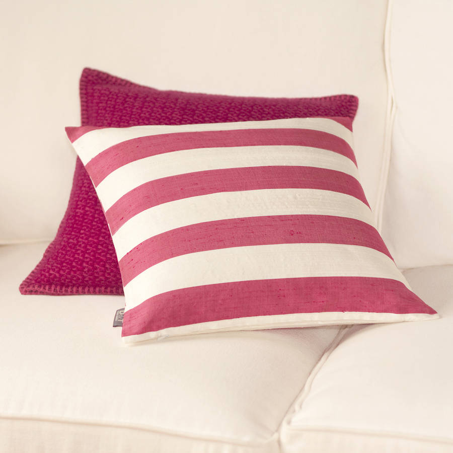 striped cranberry pink silk cushion cover by jodie byrne