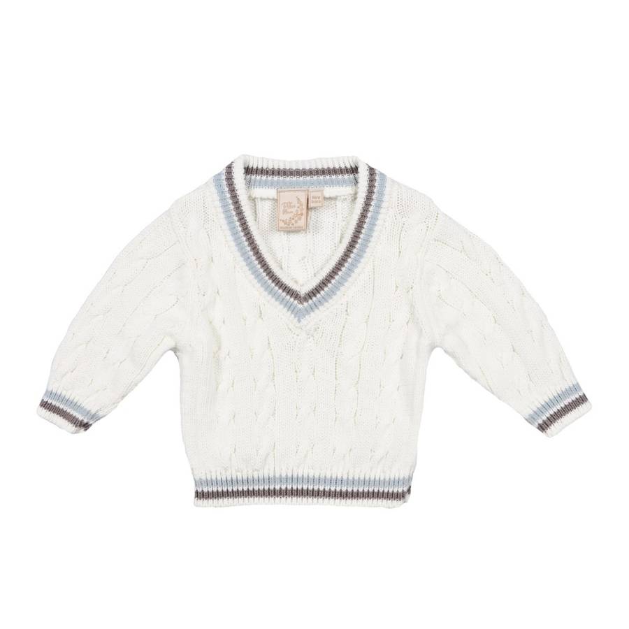 baby boys cream cricket jumper with tipping by toffee moon