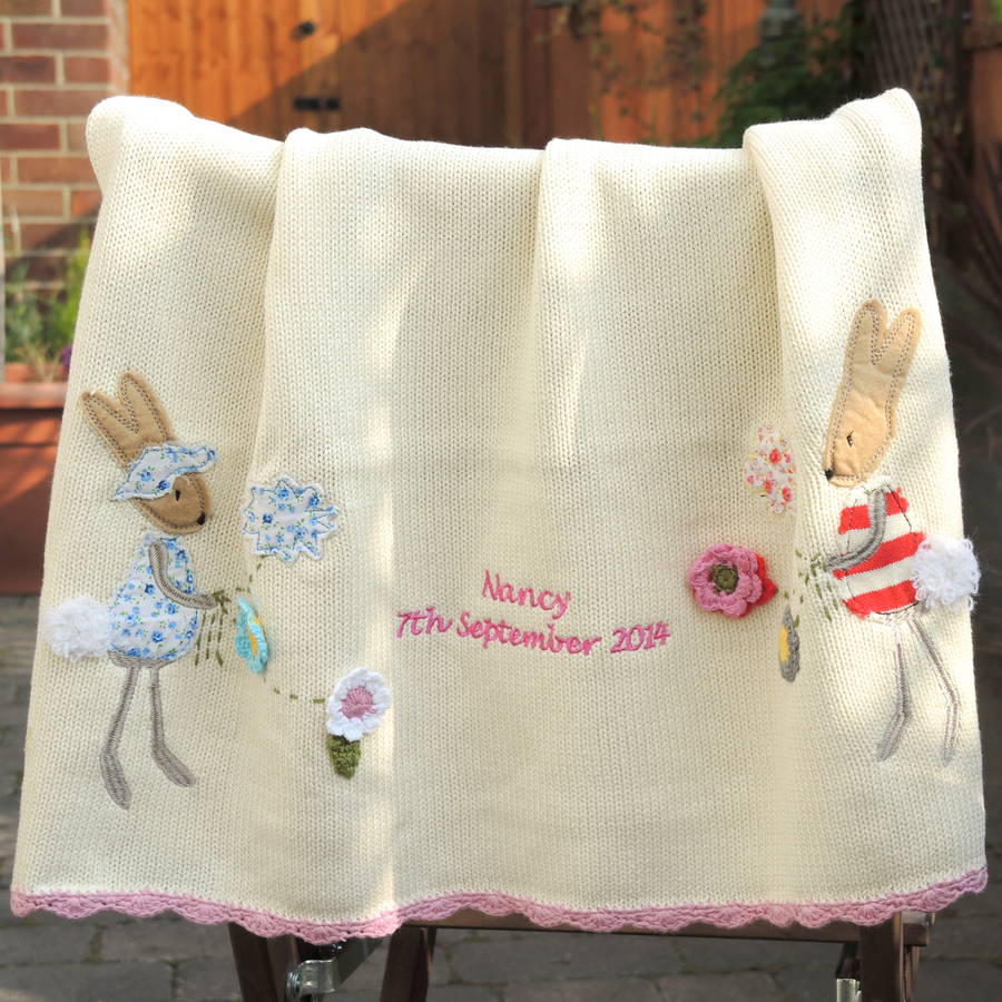 personalised knitted rabbit baby blanket small by the
