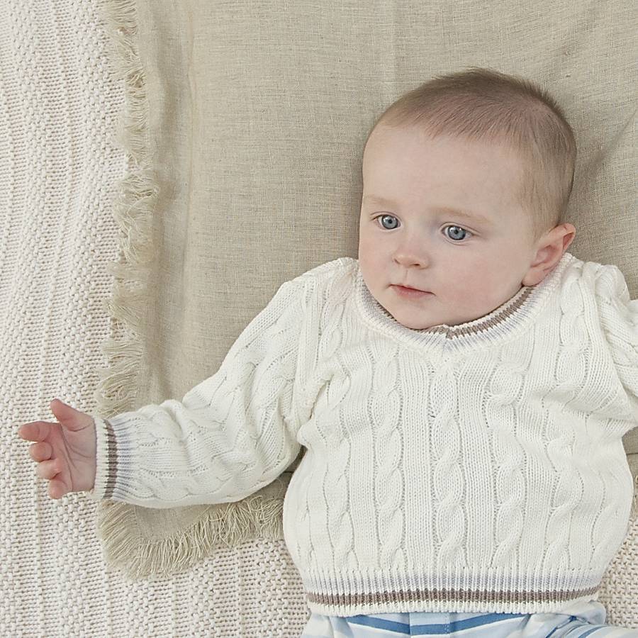 baby boys cream cricket jumper with tipping by toffee moon
