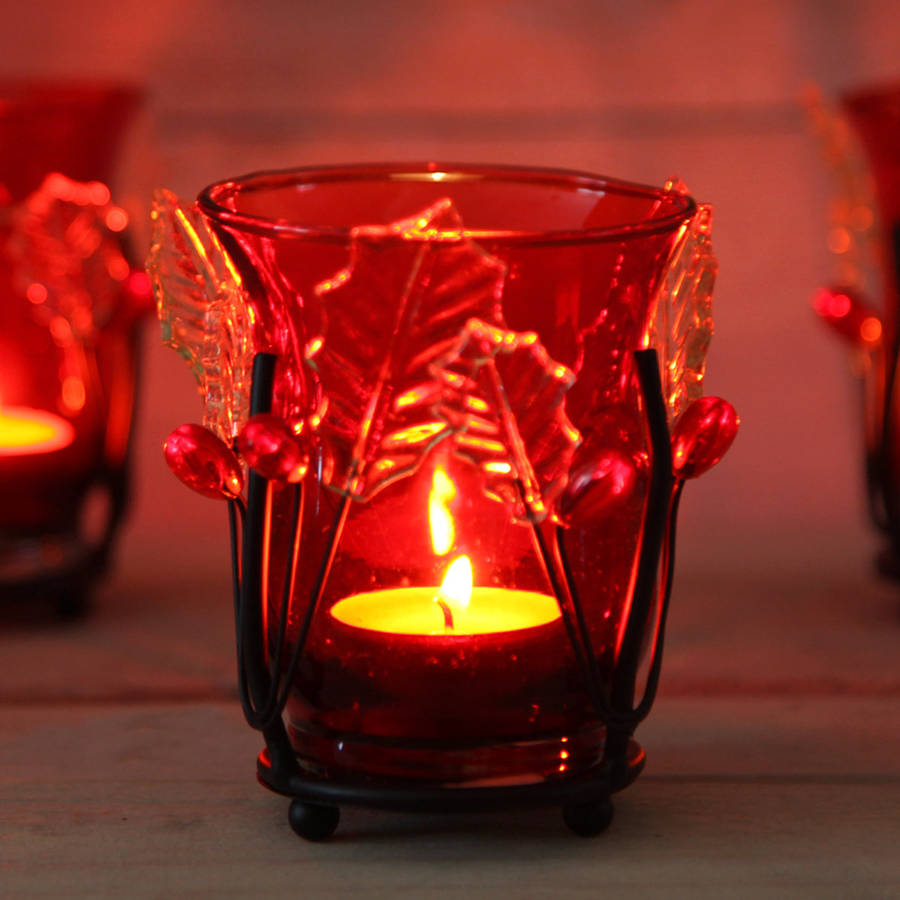 christmas red glass holly tea light candle holder by red berry apple