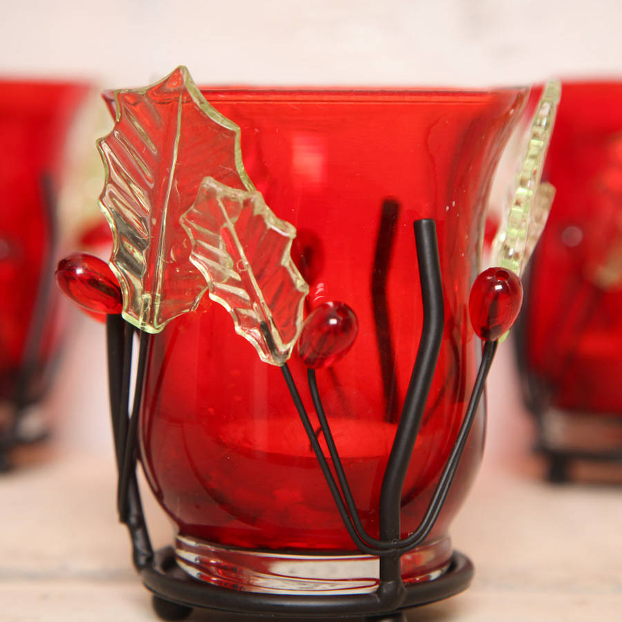 Christmas Red Glass Holly Tea Light Candle Holder By Red Berry Apple