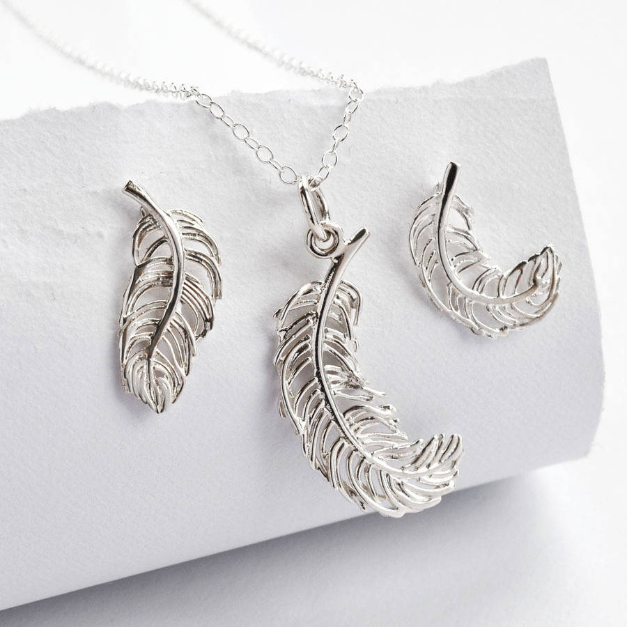 silver feather jewellery set by lily charmed