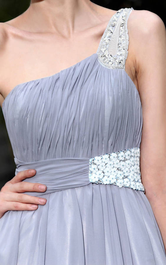 light grey soft chiffon one shoulder evening dress by elliot claire