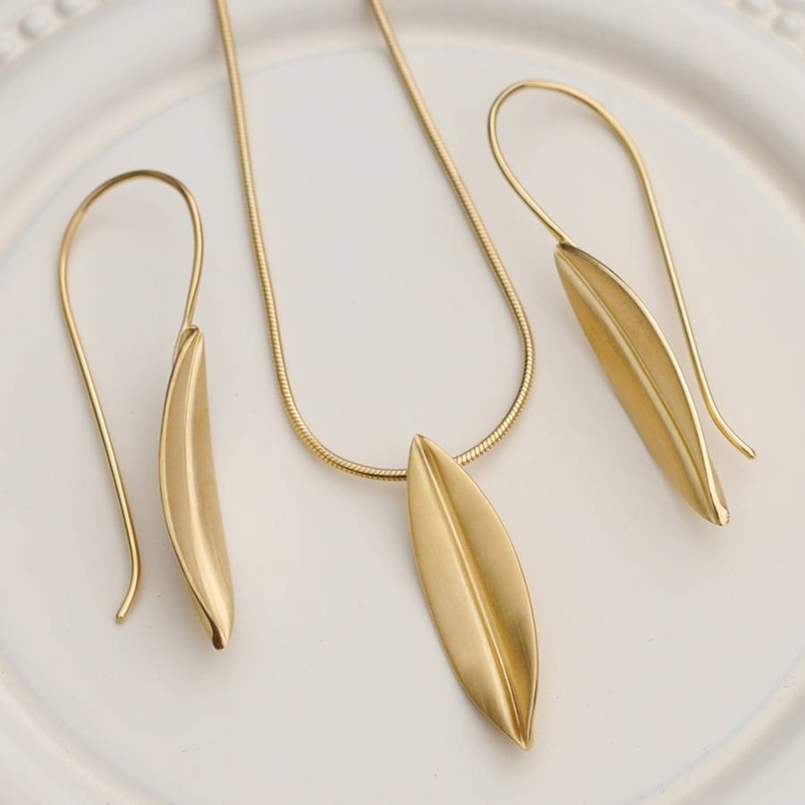 contemporary gold leaf earrings and necklace set by louise mary designs