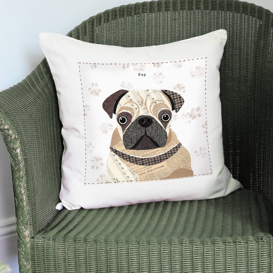 pug personalised dog cushion cover by simon hart