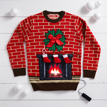 flashing fireplace lighted christmas jumper by cheesy christmas jumpers