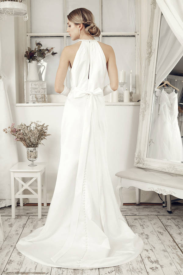 satin halter ivory bridal dress by elliot claire london