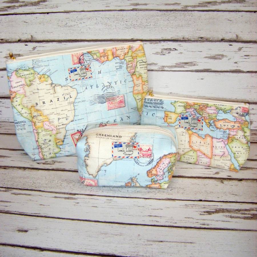 world map travel gift makeup toiletry wash bag by lovely jubbly designs | literacybasics.ca