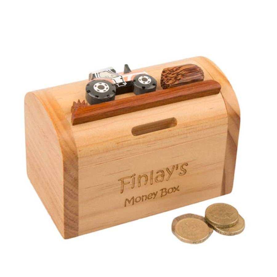 wooden tractor personalised money box by british and bespoke