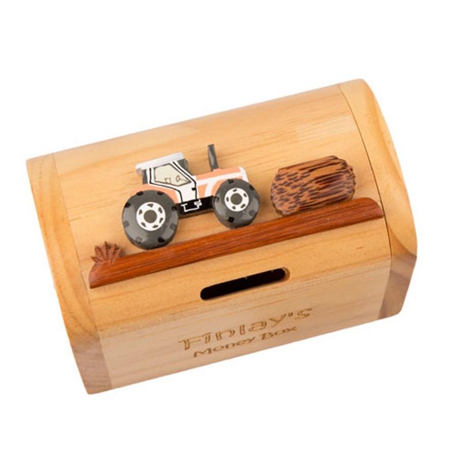 wooden tractor personalised money box by british and bespoke