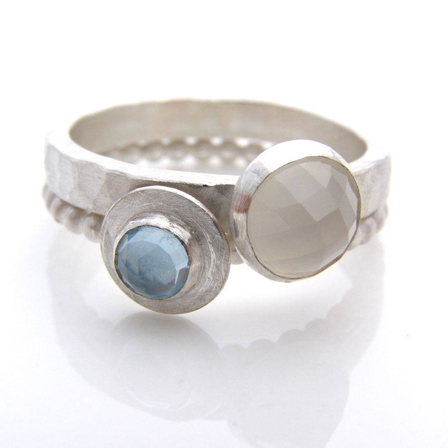 moonstone and aquamarine stacking rings by soremi jewellery