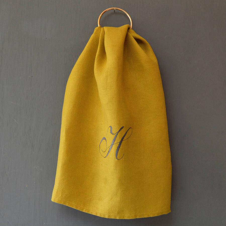 monogrammed mustard linen tea towel by audenza