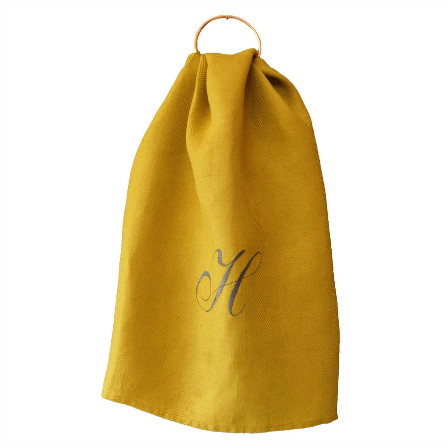 monogrammed mustard linen tea towel by audenza