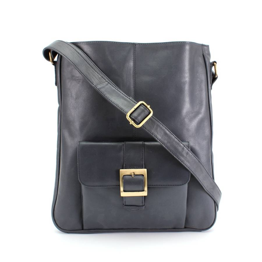 navy blue leather pocket cross body bag by the leather store | 0