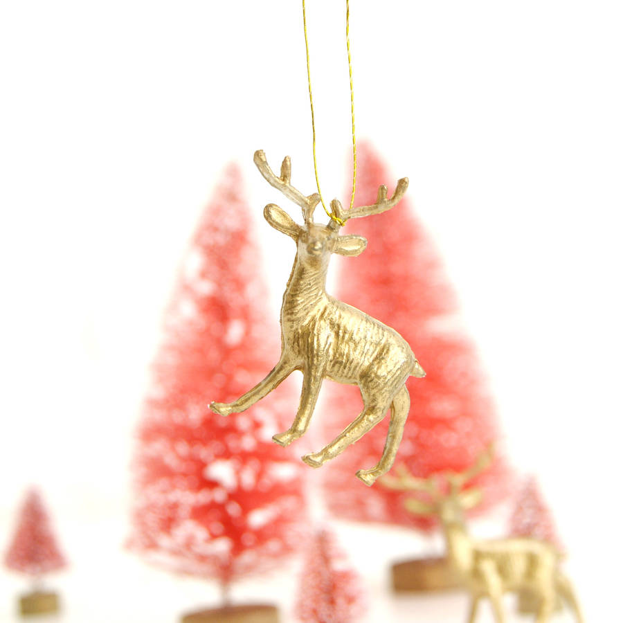 set of three gold reindeer christmas tree decorations by peach blossom