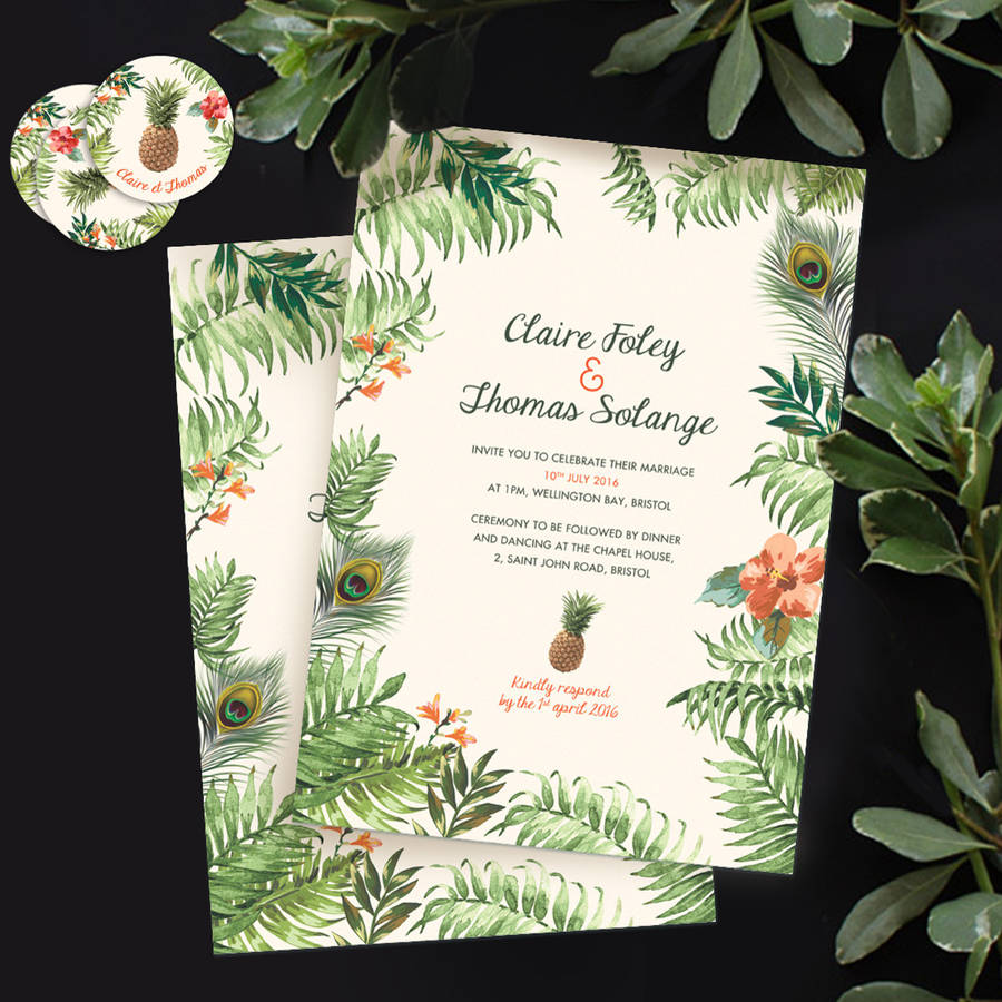 tropical jungle wedding invitation by pepper & joy