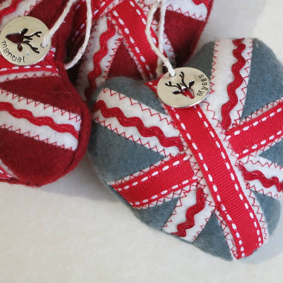 two personalised union jack christmas decorations by thread squirrel