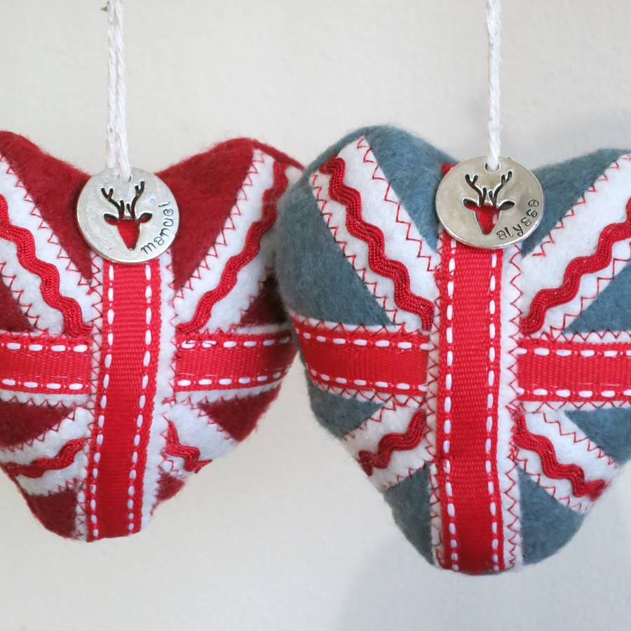 two personalised union jack christmas decorations by thread squirrel