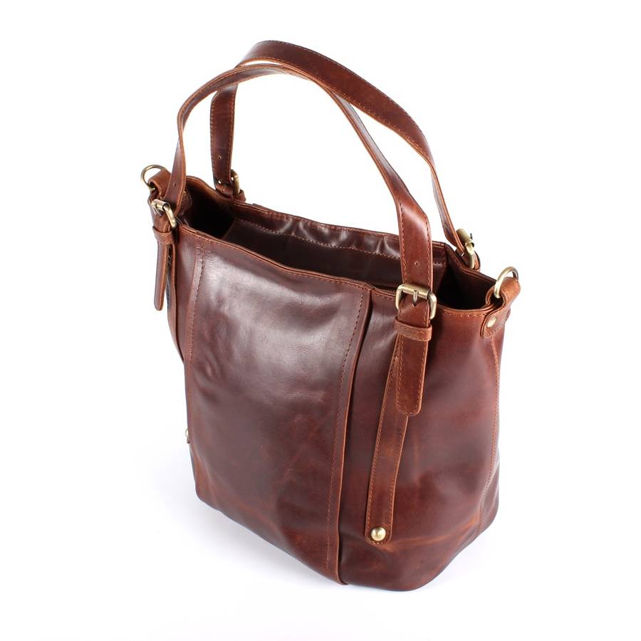 leather handbag bucket tote bag, vintage brown by the leather store