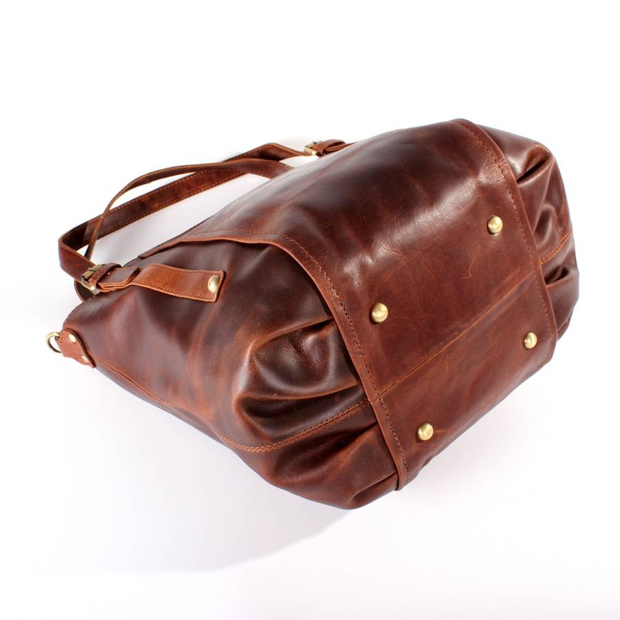 leather handbag bucket tote bag, vintage brown by the leather store