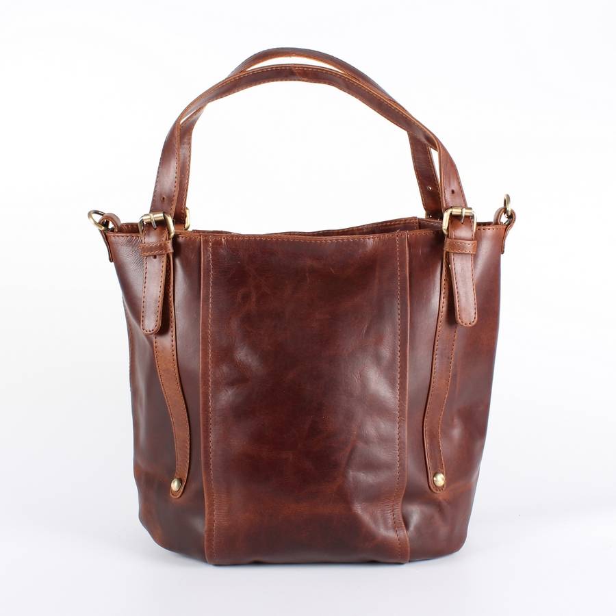 leather handbag bucket tote bag, vintage brown by the leather store | literacybasics.ca