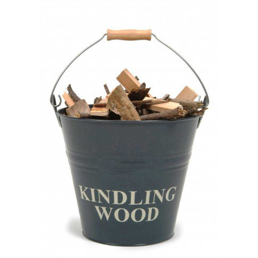 metal kindling wood bucket in slate by garden selections
