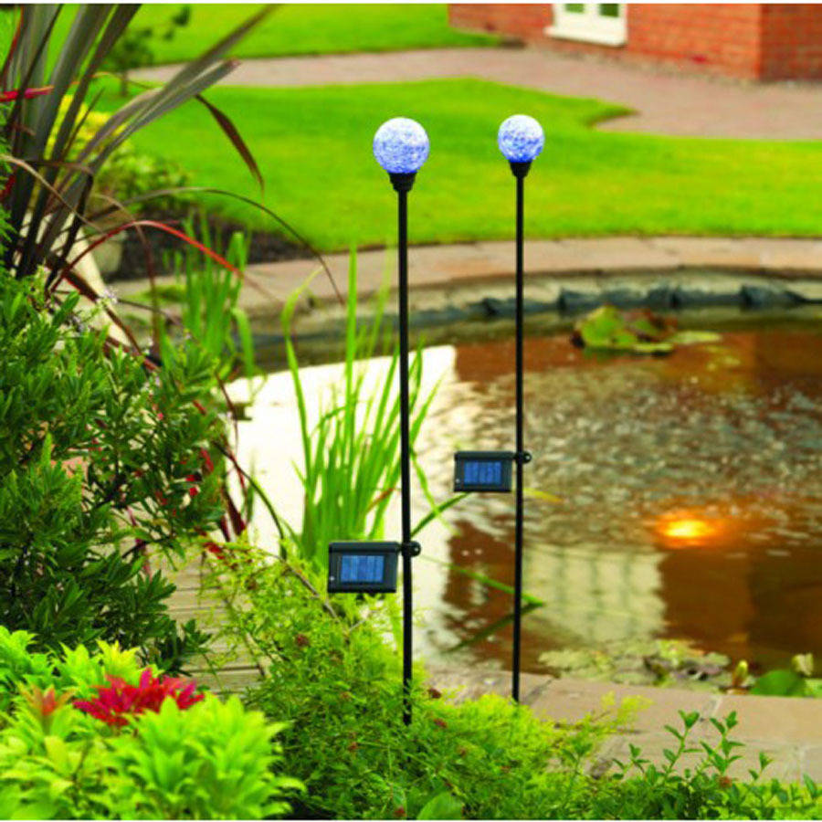 set of two blue border ball solar garden lights by garden selections