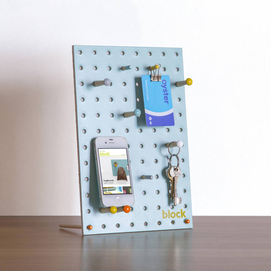 desk pegboard with wooden pegs, blue by block design