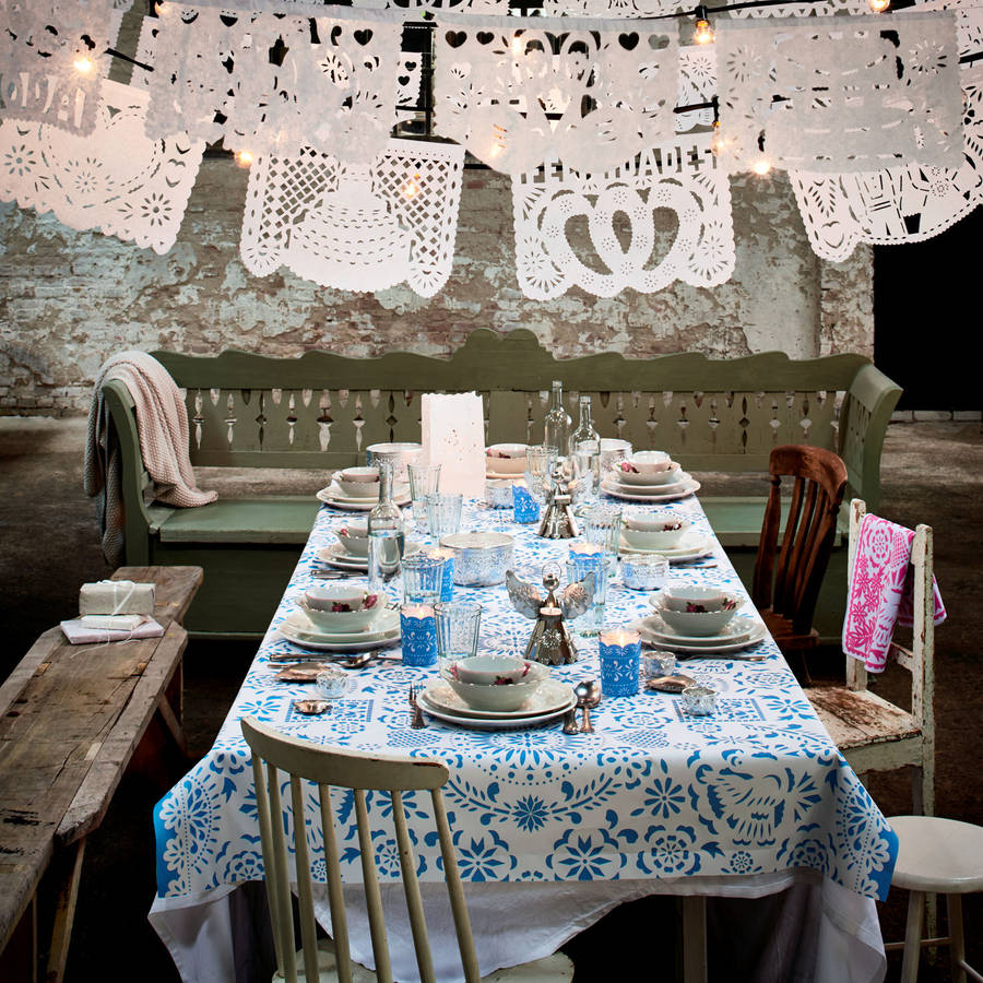6m roll damask blue paper table covering by berylune