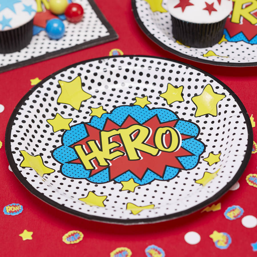 comic superhero party paper plates by ginger ray