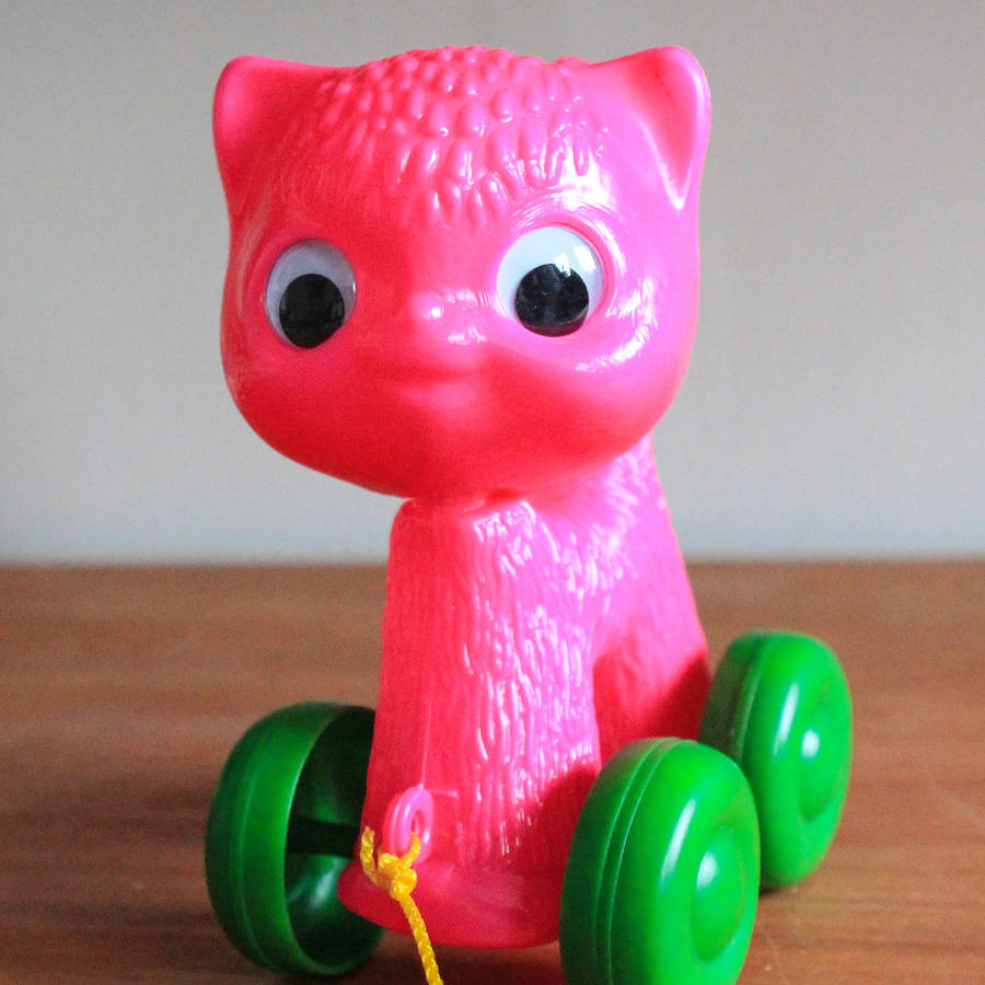 pink cat pull along toy by berylune