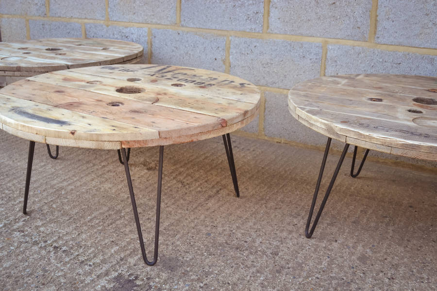 cable reel coffee table with hairpin legs by frances bradley