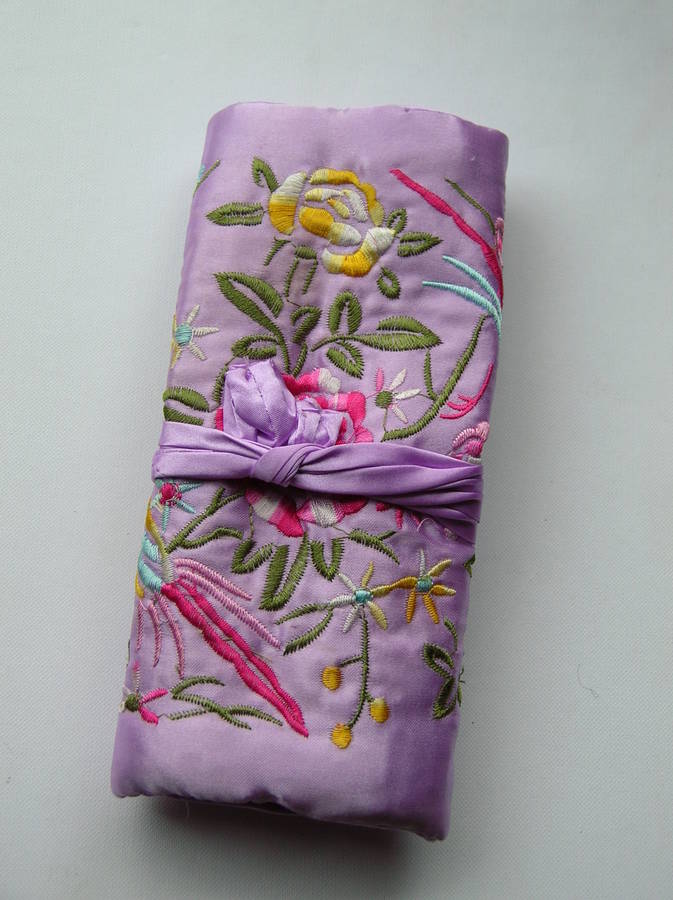 silk embroidered jewellery roll by plum & ivory
