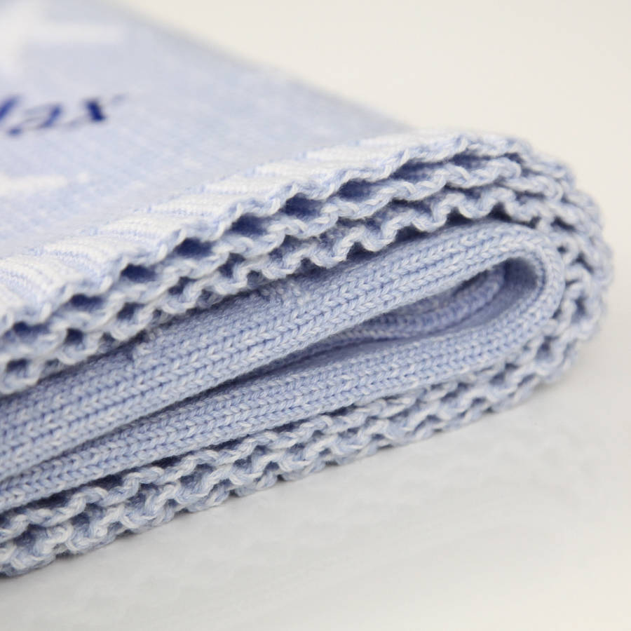 personalised blue and white jacquard knit blanket by my 1st years