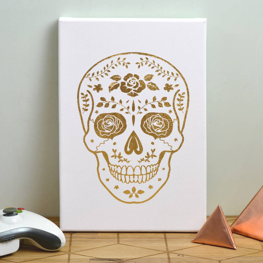 gold day of the dead skull canvas print by oakdene designs