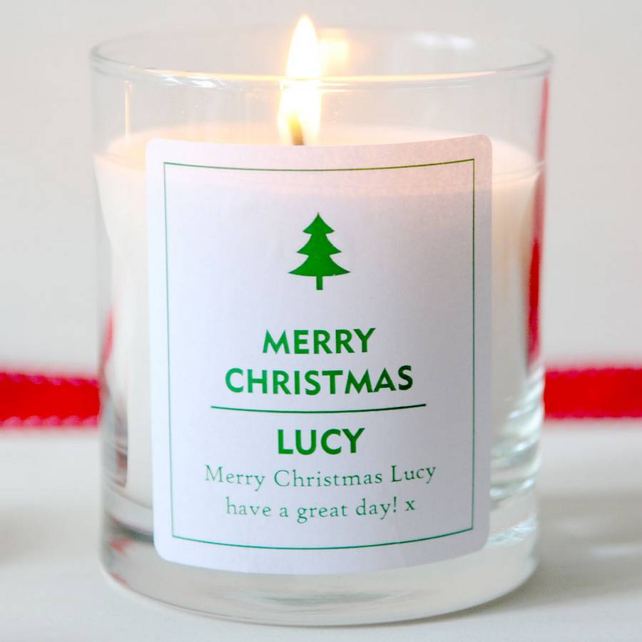 merry christmas tree scented personalised candle by chalk & cheese