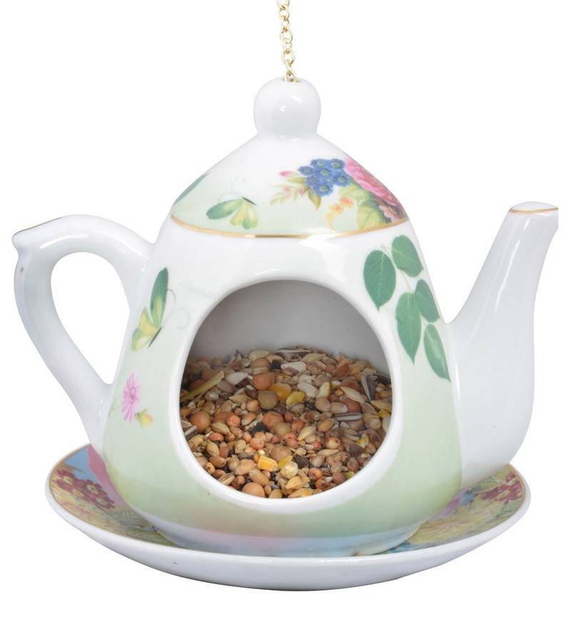 bird feeder / chintz floral teapot by garden selections