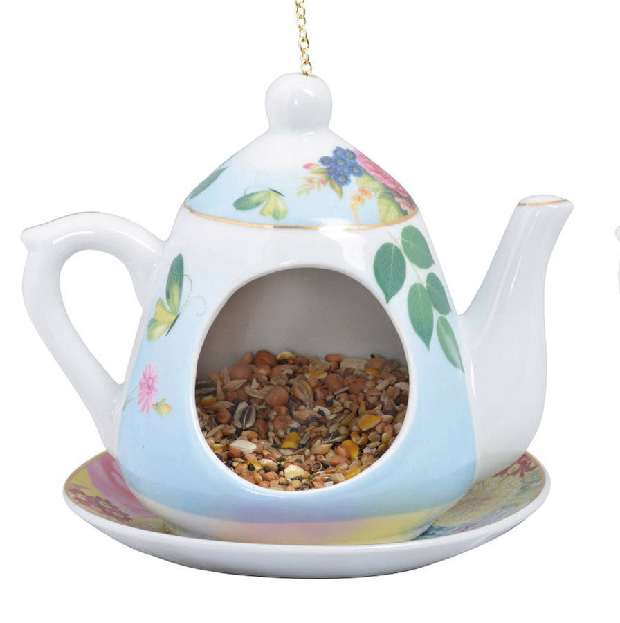 bird feeder / chintz floral teapot by garden selections