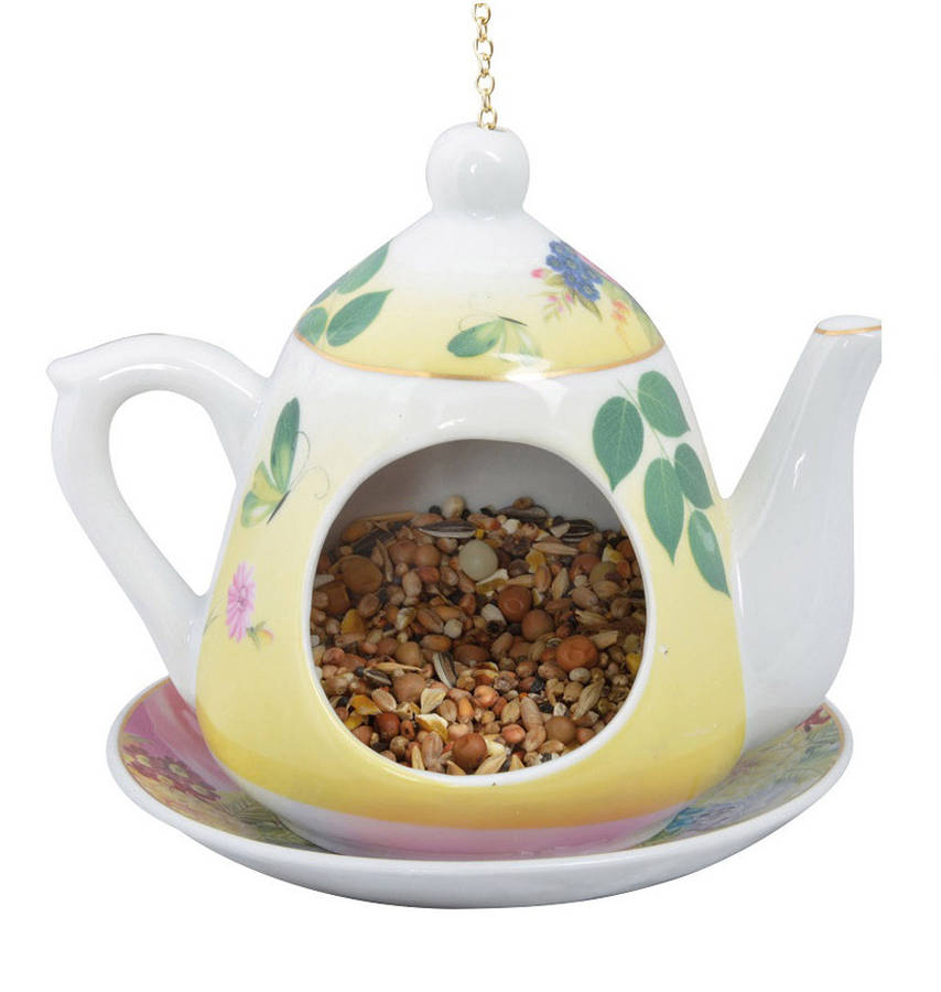 bird feeder / chintz floral teapot by garden selections