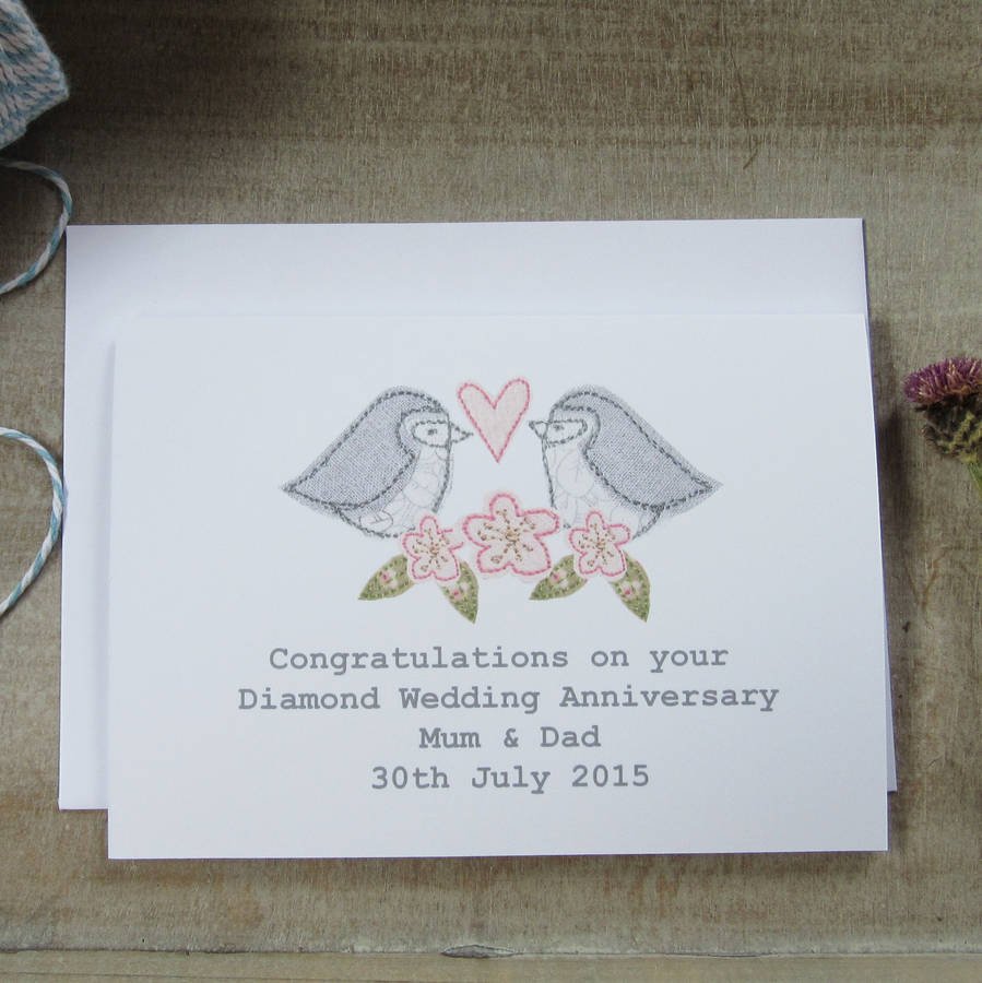 Personalised Love Bird Diamond Wedding Card By Caroline Watts Embroidery 8540