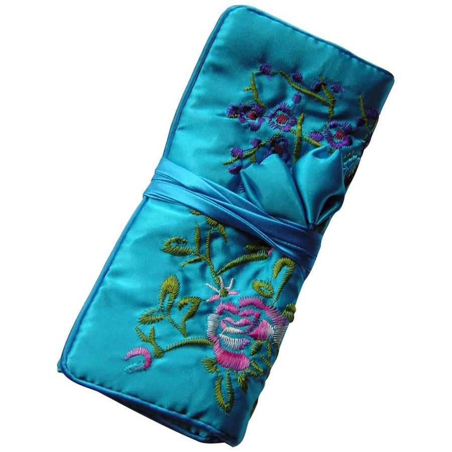 silk embroidered jewellery roll by plum & ivory